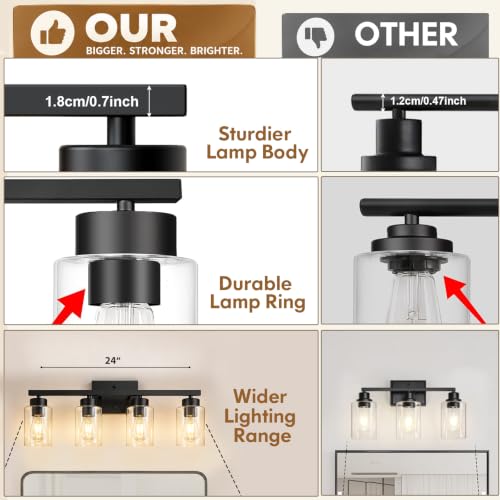 IZORRO Matte Black 4-Light Bathroom Vanity Light Fixture Over Mirror with Clear Glass Shades