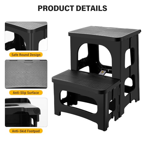 Foldable 2-Step Stool for Adults, Non-Slip Collapsible Footstool for Home & Office