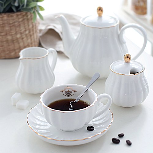 White Porcelain British Royal Tea Set for 6 with Teapot Saucer & Accessories