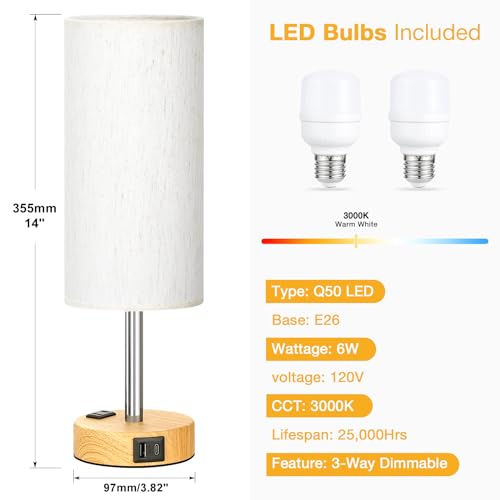 Wood Base Cream Shade Touch Bedside Table Lamps Set of 2 with USB Ports and Outlet - 14 Inch