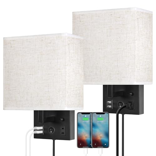 Black CADUKE Bedside Wall Lamp Set of 2 with USB & AC Outlet - Modern Wall Sconces