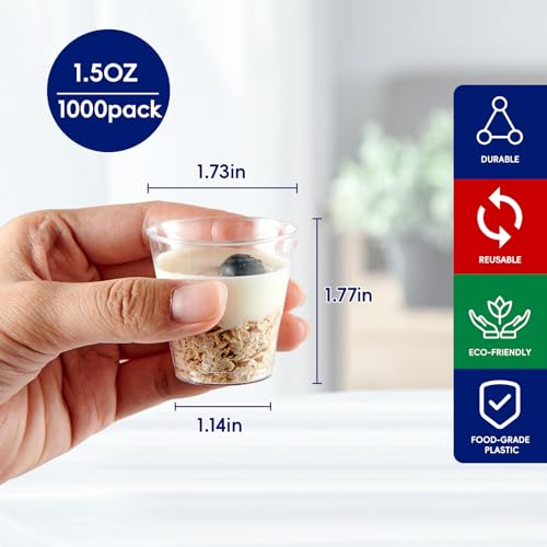 1000 Pack 1.5 oz Disposable Plastic Shot Glasses for Tasting & Sampling - Clear, Recyclable