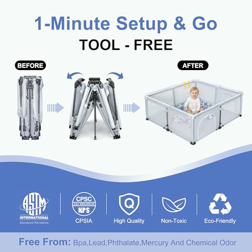 JJKAKA 50x50 Light Grey Foldable Baby Playpen, Portable Toddler Play Yard