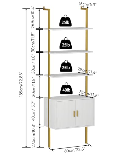 Wall Mount Ladder Bookshelf with Cabinet - 73" Tall White Gold Industrial Wall Shelf