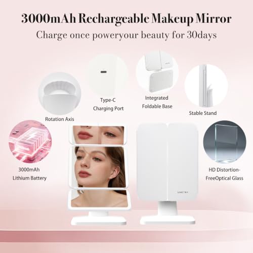 Rechargeable 15.6'' Lighted Makeup Mirror with LEDs & Trifold Design - White