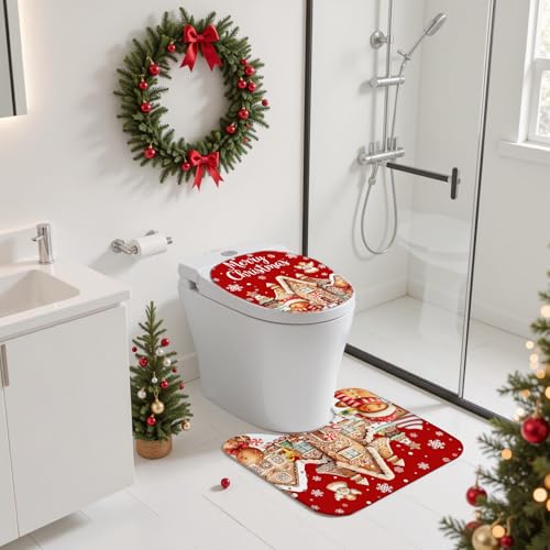 Christmas Shower Curtain Set with Gingerbread Design, Non-Slip Bath Rugs & Toilet Lid Cover - 4 Pieces