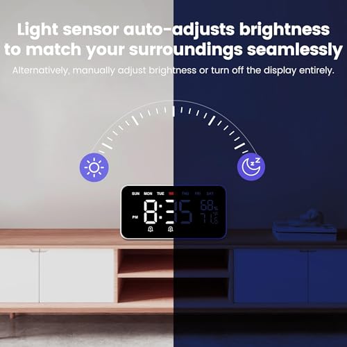 Dekala Bed Shaker Alarm Clock for Heavy Sleepers - White, Dual Alarm, Large Display, Auto Dimmer, Temp & Humidity, 7-Day Programmable, Gift Idea