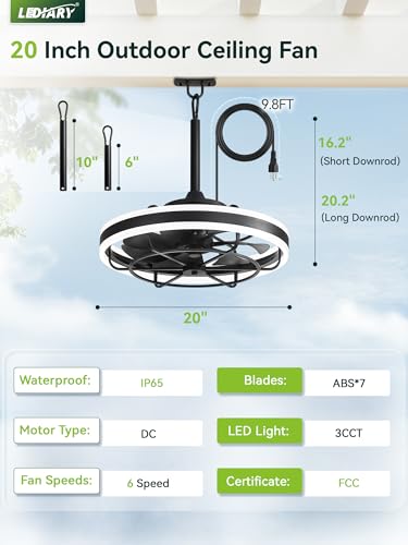 LEDIARY 20" Outdoor Ceiling Fans with Light, IP65 Waterproof Gazebo