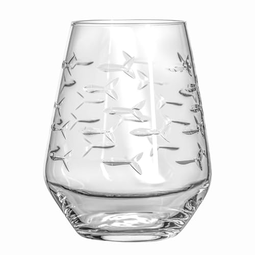 18oz School of Fish Stemless Wine Glasses Set of 4 - Lead-Free, Engraved, US Made