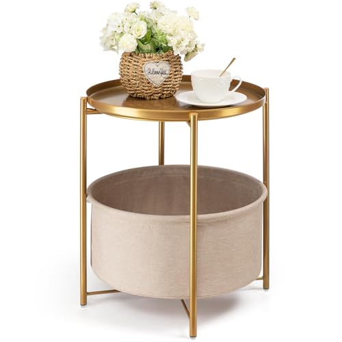 Gold Side Table with Removable Fabric Storage Basket - Pack of 2 - Modern Accent End Tables