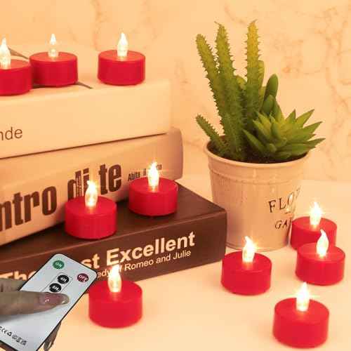 LED Tea Lights with Remote Control: Battery Operated Realistic and Bright Flickering Long Lasting 400+Hours Flameless Candles for Home Decor Holiday Wedding Party Valentine's Day(12pack, Red)