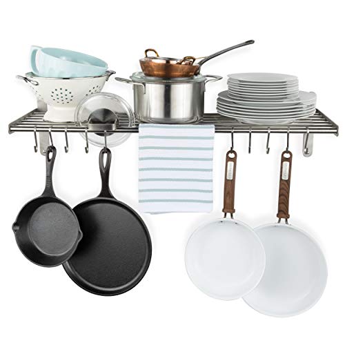 Stainless Steel Wall Mount Pot Rack with 10 Hooks for Kitchen Organization