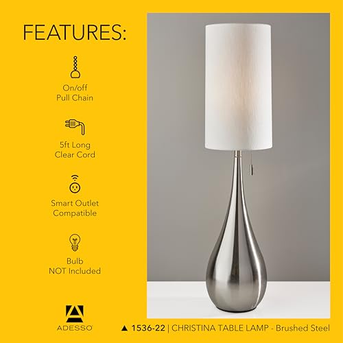 Adesso Brushed Steel Table Lamp with White Fabric Shade - Modern Accent Lamp, 34.5" Tall - Table Lamp