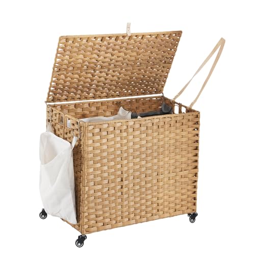 Laundry Hamper with Wheels 34.3 Gallon Natural Rattan 2 Color Liners 3 Mesh Bags