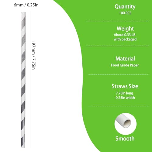 WaBaHa Solid Silver & White Striped Paper Drinking Straws, 100 Pack, Biodegradable, 7.75"