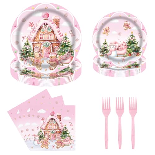 Christmas Pink Gingerbread House Tableware Set 96 Pcs Disposable