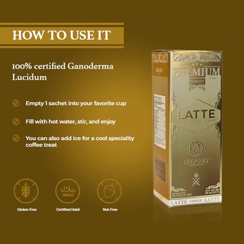 Gourmet Cafe Latte with Organic Ganoderma Lucidum - 20 Sachets, Instant Coffee & Creamer, Hot or Cold Brew