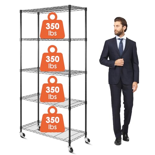 5-Tier Heavy Duty Wire Shelving Unit with Wheels - 36"D x 16"W x 75"H, Adjustable Storage Rack