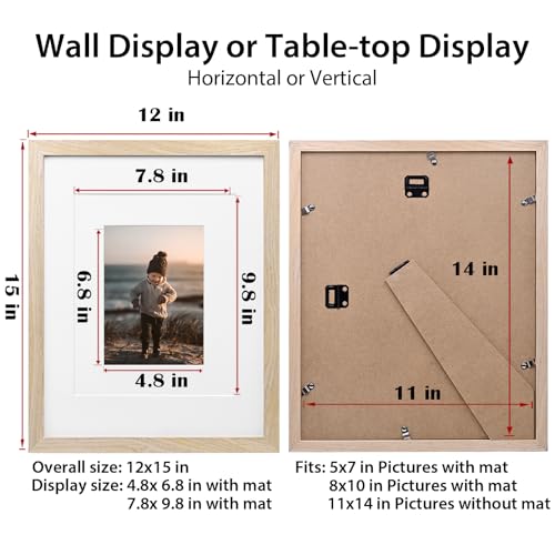 Natural Solid Wood 11x14 Picture Frame Set with Mat and Acrylic Plexiglass - Wall & Tabletop Display - Variation: Natural / 11x14