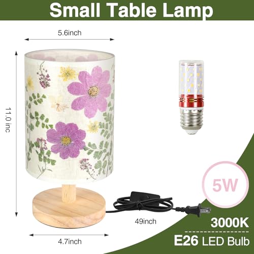 Pressed Flowers Small Table Lamp - 3-Color LED Bedside Lamp with Wooden Base