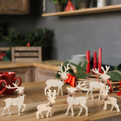 6-Piece Christmas Wooden Reindeer Centerpieces Set with Bowknots – Mantel Tabletop Decor