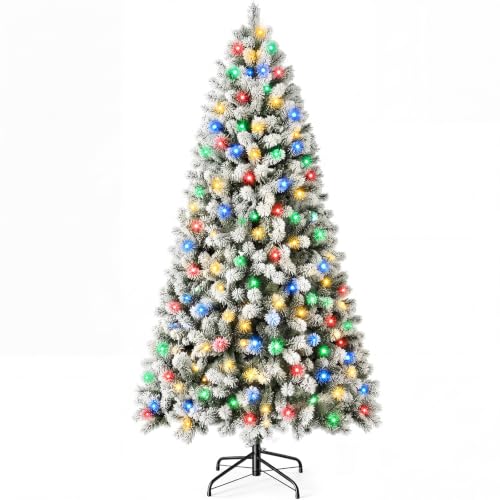 NEWBULIG 4.5 Ft Pre-Lit Snow Flocked Christmas Tree, 8-Mode LED Lights