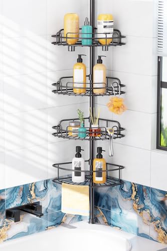HAMITOR Corner Shower Caddy Tension Pole No-Drill Rustproof Bathroom Shelf - Black