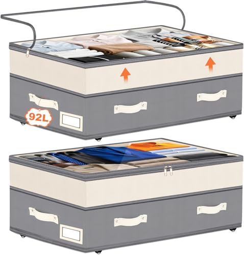 Grey 2 Pack Under Bed Storage Containers with Wheels, Adjustable 92L