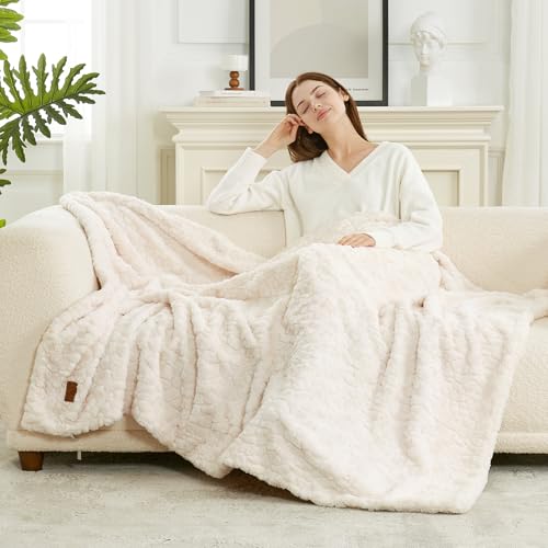Cream White Faux Fur Throw Blanket - 55 x 70 Inch Reversible Plush Couch Blanket - Cozy Bliss