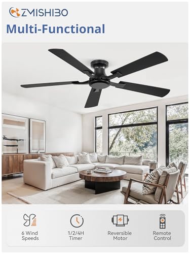 Black 52 Inch Ceiling Fan No Light Flush Mount Low Profile - Whisper-Quiet DC Motor