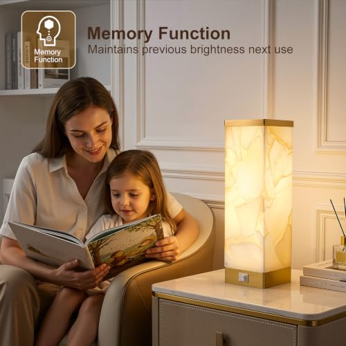 Off-White Alabaster Table Lamp for Living Room - 3-Way Dimmable & USB Ports