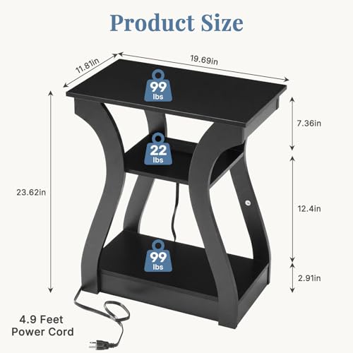 End Table with Charging Station Set of 2 - Modern Curved Nightstands, Black