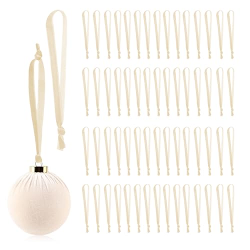 FOTN Beige Velvet Christmas Ornament Hooks - 50 Pack Hanging Ribbons & Hangers for Tree Decorations