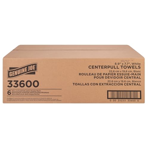 Genuine Joe Centerpull Towels 8.13 x 7.56 Inches, 1-Ply, 600 Sheets/Roll, 6 Count - Soft Absorbent Bathroom Towels