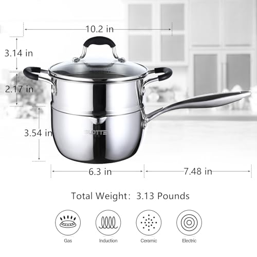 SLOTTET 1.5 Quart Tri-Ply Stainless Steel Saucepan with Steamer, Glass Lid & Pour Spout