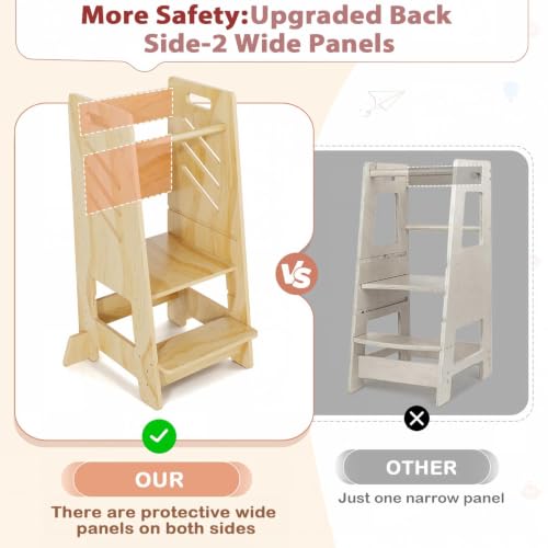 Wooden Toddler Tower with Sliding Panel, 3-Level Adjustable Kitchen Stool, Safe & Sturdy