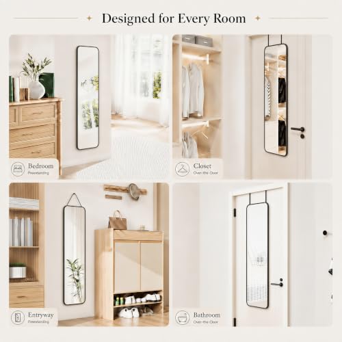 47x14 Inch Full Length Mirror Over the Door Wall Mounted Rope Hang Black Variation