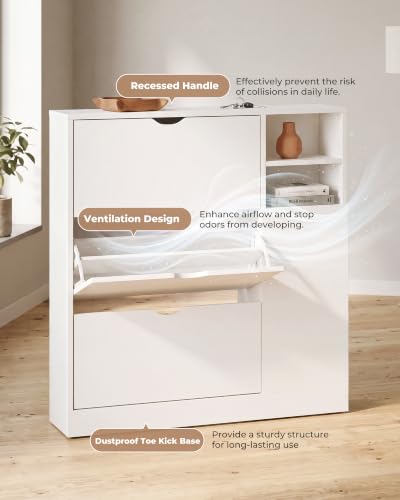 White Shoe Cabinet for Entryway with 3 Flip Drawers & Adjustable Side Shelf