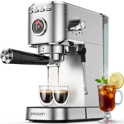 Spacekey Silver Espresso Machine with Milk Frother, 20 Bar Compact Coffee Maker for Home, 39oz Water Tank, Fast Heating