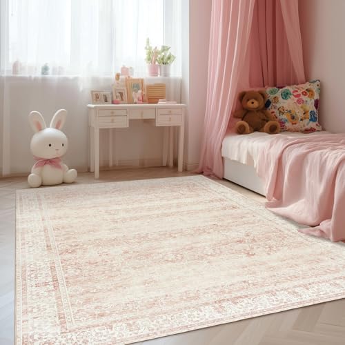 6x9 Pink Vintage Boho Floral Bedroom Rug - Low Pile Nursery Area Rug