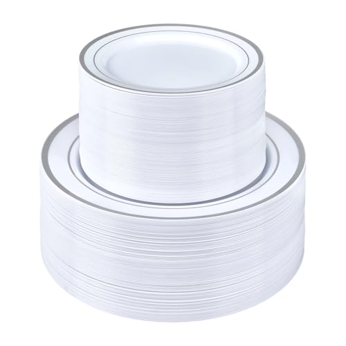 200PCS Silver Plastic Dinner and Dessert Plates Set - Disposable Party Tableware