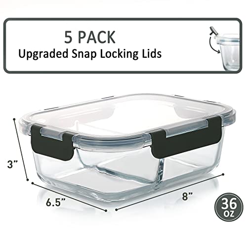 Glass Meal Prep Containers 36 oz with 2 Compartments and Locking Lids - Gray - 5 Pack