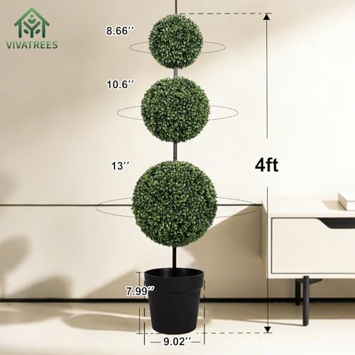 VIVATREES 4ft UV-Resistant Triple Ball Boxwood Topiary Set of 2 - Outdoor & Indoor Decor