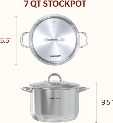 7 Qt Stainless Steel Stock Pot with Lid - Multi-Ply Base for Cooking Pasta Soup