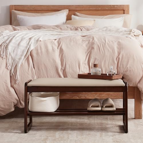 Achicsofar 2-Tier Wooden Shoe Rack Bench Beige 31.5" Entryway Storage