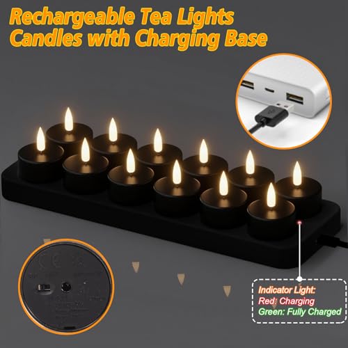 Rechargeable Black Tea Lights Candles with Remote & Timer - Set of 12 - Black
