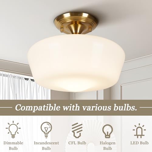 12-Inch Brass Schoolhouse Semi Flush Mount Ceiling Light with Opal Milk Glass Shade - Medium Variation