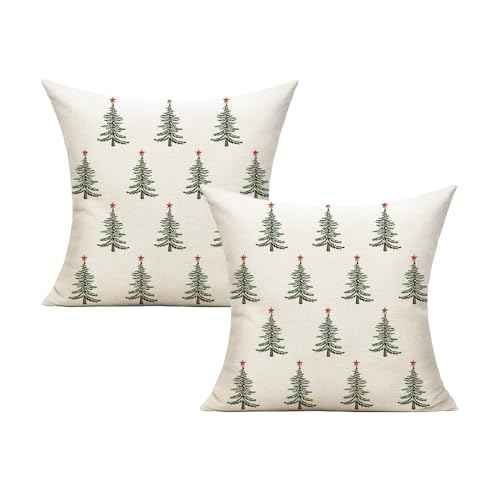 All Smiles Outdoor Christmas Pillow Covers 18X18 Set of 2£¬Christmas Tree Decorative White Throw Pillow Covers Gift Holiday Vintage Decor for Home Couch Bed Sofa,Red Star