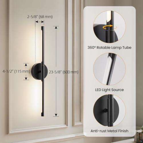 Black 24-Inch Modern LED Wall Sconce Set of 2 - Rotatable, Dimmable, Color Adjustable