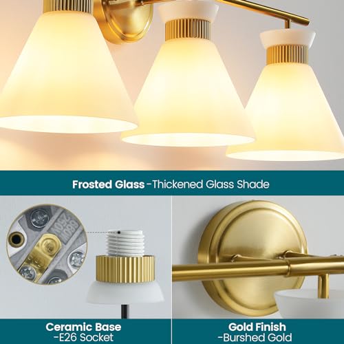 WOSHITU Gold 3-Light Bathroom Vanity Light Fixture with Frosted Glass Shades